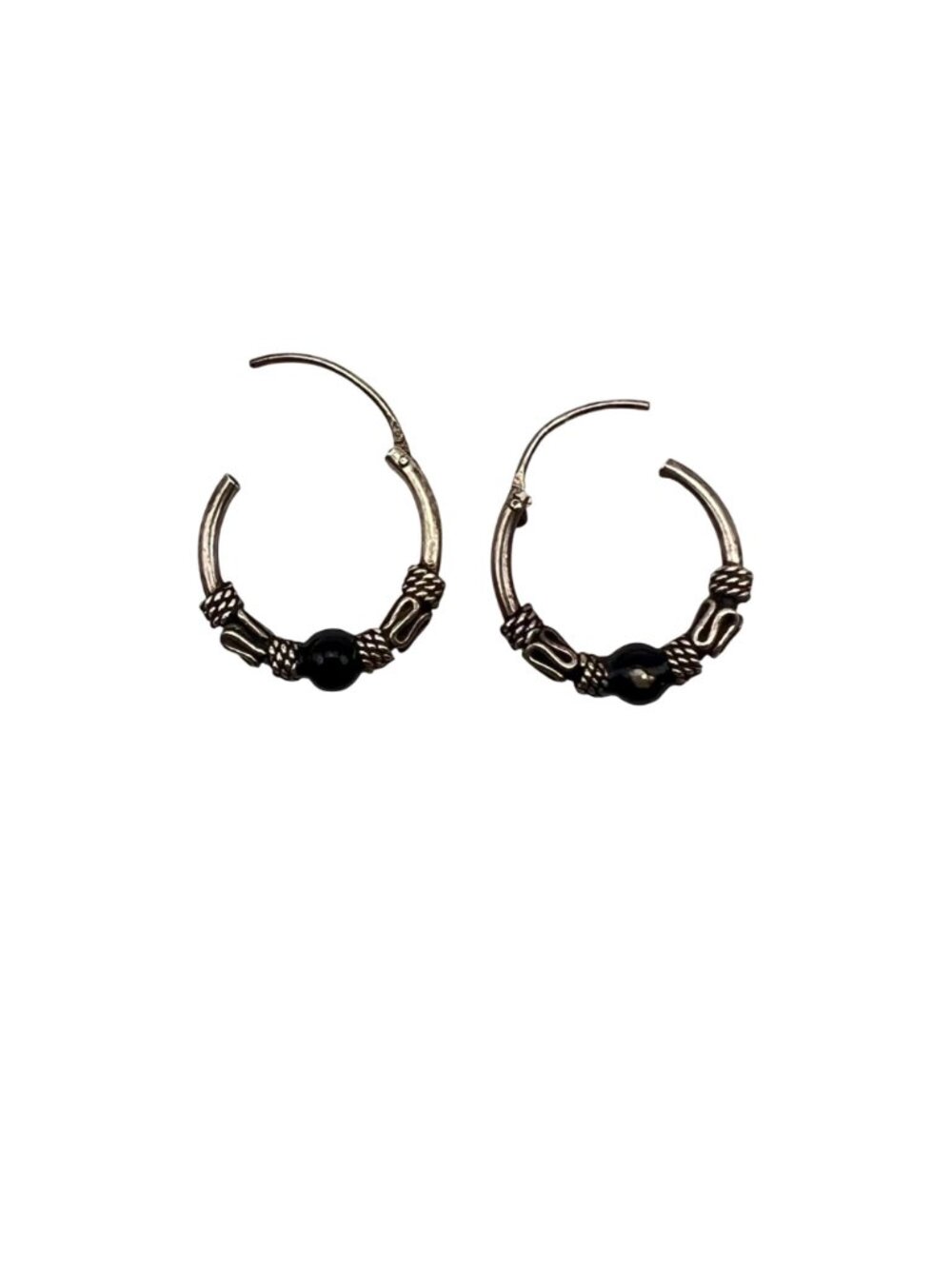 Bali Style Sterling Silver Hoop Earrings Oxidized Black Accent Bead .5" - Picture 3 of 8